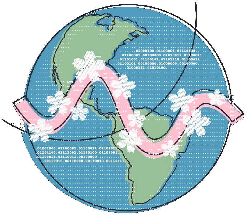 A flat illustration of the Americas on a globe, crossed by a pale pink ribbon of pixelated cherry blossoms, with lines of binary code over the oceans.